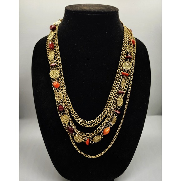 Unbranded Jewelry - Long Multi-Strand Layered Statement Necklace Antique Gold Tone Red Orange Beads